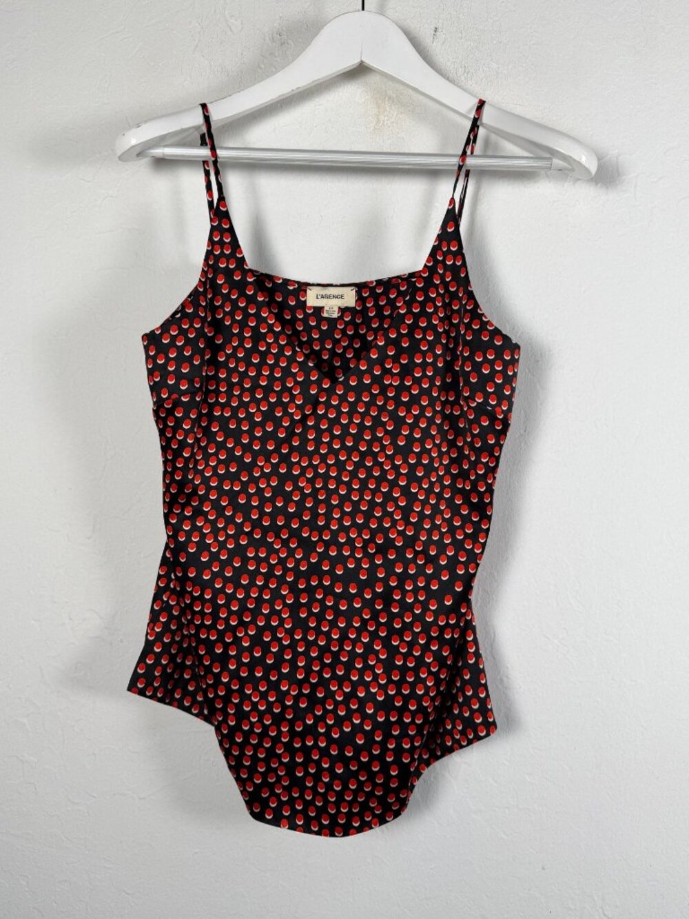 L'Agence Silk Satin Camisole Tank Top Black Red White Polka Dot V-Neck Small